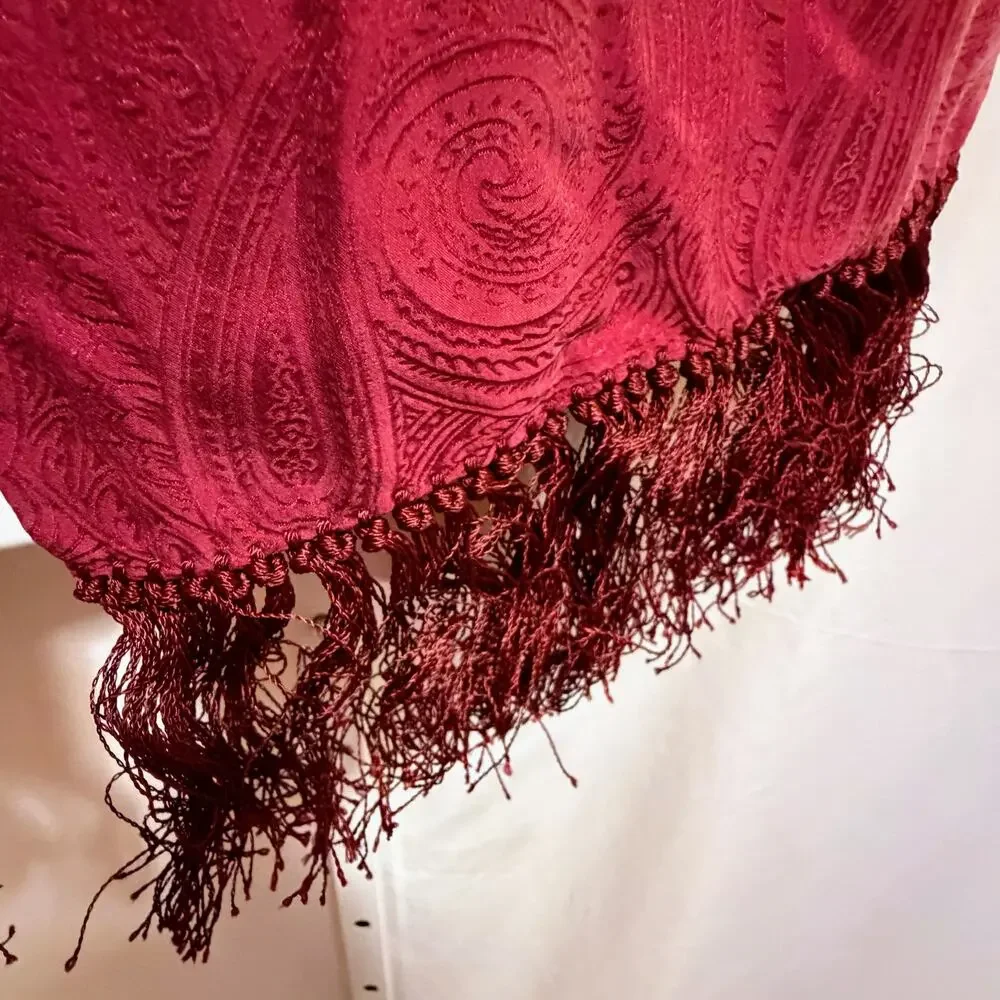 BASHA‎ 100% Silk Paisley Jacquard Burgundy Fringe Scarf Shawl Wrap 10x64 Luxury